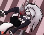  anthro bottomwear canid canid_demon canine canis claws clothed clothing demon digital_media_(artwork) feet female fur furniture hair hellhound helluva_boss looking_at_viewer loona_(vivzmind) mammal nicnak044 paws pose rear_view shirt solo topwear wolf 