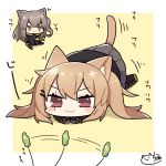  2girls :3 animal_ears blush_stickers brown_eyes brown_hair cat_ears cat_tail cattail chibi dokumi eyebrows_visible_through_hair girls_frontline hair_ornament hairclip imminent_pounce long_hair long_sleeves multiple_girls plant pleated_skirt scarf side_ponytail signature sitting skirt sleeves_past_wrists tail twintails ump45_(girls_frontline) ump9_(girls_frontline) 