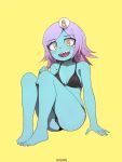  1girl ass bare_arms bare_legs blue_skin blush breasts commission eyebrows_visible_through_hair full_body highres looking_at_viewer medium_hair midori_(uchuu_patrol_luluco) multicolored_hair once_11h open_mouth purple_hair sitting small_breasts smile solo two-tone_hair uchuu_patrol_luluco upper_teeth yellow_eyes 