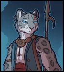  anthro blue_eyes chest_wraps clothing dungeons_and_dragons felid feline jewelry male mammal melee_weapon muscular muscular_male necklace nexivian open_vest polearm solo tabaxi topwear vest weapon wraps 