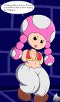  blush breasts clothed clothing dialogue english_text female hands_behind_back humanoid looking_at_viewer mammal mario_bros mysterywhiteflame nintendo not_furry open_mouth short_stack solo standing text thick_thighs toad_(mario) toadette tongue video_games wide_hips 