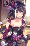  1girl animal_ears bangs bare_shoulders black_hair black_kimono blush braid cat_ears cat_girl cat_tail collarbone commentary_request crown_braid eyebrows_visible_through_hair fang floral_print frilled_kimono frills green_eyes hair_between_eyes hair_bun highres hinata_yuu_(atelierhinata) indoors japanese_clothes kimono kyaru_(princess_connect) long_sleeves multicolored_hair no_shoes obi off_shoulder open_mouth princess_connect! princess_connect!_re:dive print_kimono sash sitting solo streaked_hair tabi tail wariza white_hair white_legwear wide_sleeves 