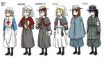  6+girls acronym anyan_(jooho) armband black_footwear black_gloves black_hair blonde_hair blue_eyes braid braided_bun brown_eyes brown_hair buttons capelet cloak commentary_request comparison envelope freckles full_body gloves green_eyes hat headwear highres holding jacket korean_commentary long_hair long_skirt long_sleeves medal multiple_girls original pantyhose ponytail red_cross red_hair scissors shoes short_hair simple_background skirt sleeve_cuffs smile standing watch white_background world_war_i wristwatch 