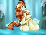  2019 abdominal_bulge anthro asian_mythology autumn_blaze_(mlp) belly big_belly big_breasts breasts butt chinese_mythology east_asian_mythology eyes_closed female friendship_is_magic hair happy hi_res holding_breast imprint kirin long_hair my_little_pony mythology novaspark nude orange_hair outside patreon scalie showering side_boob smile solo text url vore water waterfall 