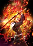  1boy arms_up belt bird black_pants blonde_hair blurry burning cape clothes_writing commentary_request cowboy_shot eyebrows fire glint hair_slicked_back highres holding holding_sword holding_weapon katana kimetsu_no_yaiba long_sleeves looking_at_viewer micho multicolored_hair pants phoenix pleated_pants red_hair rengoku_kyoujurou streaked_hair sword weapon white_cape 