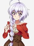  1girl absurdres ahoge alternate_hairstyle braid braided_ponytail brown_skirt dress emmxd325 grey_background hair_over_shoulder highres lavender_hair long_hair purple_eyes red_dress senki_zesshou_symphogear silver_hair simple_background single_braid skirt smile solo yukine_chris 