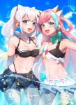  2girls :d aqua_ribbon bandana bangs bikini_skirt black_skirt blue_eyes blue_hair breasts choker cleavage collarbone commentary_request d-pad d-pad_hair_ornament day droplet fang hair_ornament highres kaguya_luna lens_flare long_hair looking_at_viewer medium_breasts multicolored_hair multiple_girls navel one_side_up open_mouth outdoors peta_(snc7) pink_hair pinky_pop_hepburn ribbon ribbon_choker skin_fang skirt small_breasts smile sparkle swimsuit the_moon_studio twintails two-tone_hair virtual_youtuber wading water white_bandana white_hair white_skirt x_hair_ornament 