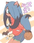  2019 4_fingers anime anthro anthrofied basketball black_hair blue_body blue_eyes blue_fur blue_hair brand_new_animal brown_body brown_fur clothed clothing female fingers fluffy fluffy_tail fur hair hair_over_eyes japanese_text little_witch_academia michiru_kagemori shiro0909 smile solo studio_trigger sucy_manbavaran text 