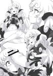  1girl absurdres animal_ears bangs bar_censor bottomless censored cloud_print greyscale highres horn komano_aun lifted_by_self long_hair looking_at_viewer make_maketan midriff monochrome multiple_views navel open_mouth penis shirt_lift short_sleeves shorts simple_background smile touhou white_background wing_collar 