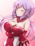  1girl aimo_(aimo1214) between_breasts blush breasts cleavage commentary_request elbow_gloves gloves grin highres holding_bullet large_breasts long_hair one_eye_closed pink_background purple_hair senki_zesshou_symphogear skindentation smile solo sparkle takagaki_ayahi yukine_chris 
