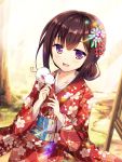  1girl animal animal_on_shoulder bangs blurry blurry_background blush brown_eyes brown_hair commentary day depth_of_field diffraction_spikes dutch_angle floral_print hair_up happy_new_year japanese_clothes kimono light_rays long_hair looking_at_viewer mouse mouse_on_shoulder new_year obi open_mouth original outdoors red_kimono ryoumoto_ken sash solo sunbeam sunlight upper_body 