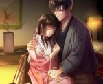  1boy 1girl black_hair black_hakama brown_hair closed_eyes glasses hakama hand_up hanging_scroll hetero indoors izumi_(stardustalone) japanese_clothes kimono lamp long_hair pink_kimono renri_no_chigiri_wo_kimi_to_shiru scroll sitting wide_sleeves 