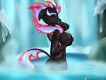  2019 anthro asian_mythology big_breasts black_body breasts butt chinese_mythology east_asian_mythology eyes_closed female fire flaming_hair friendship_is_magic happy hi_res holding_breast kirin my_little_pony mythology nirik novaspark nude outside patreon pseudo_hair scalie showering side_boob smile solo steam text url water waterfall 