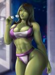  1girl abs bare_shoulders breasts cleavage flowerxl1 glasses green_eyes green_hair green_lips green_skin large_breasts marvel navel open_mouth she-hulk sports_bra sportswear stomach thighs toned 