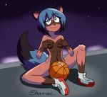  anime anthro basketball black_hair blue_eyes blue_hair brand_new_animal breasts brown_body brown_fur canid canine charredarousal clothed clothing female fluffy fluffy_tail footwear fur hair mammal michiru_kagemori navel night nipples outside partially_clothed raccoon_dog short_hair sitting smile solo studio_trigger tanuki translucent translucent_hair 