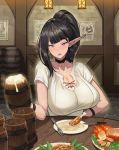  1girl alcohol bangs banned_artist barrel beer beer_mug black_hair boned_meat breasts cleavage drunk elf eyebrows_visible_through_hair food fork kkamja knife lobster long_hair looking_at_viewer meat original plate pointy_ears ponytail purple_eyes solo 