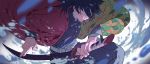  1boy action bangs belt black_eyes black_hair black_jacket closed_mouth felicia_chen frown glaring haori high_collar holding holding_sword holding_weapon jacket japanese_clothes katana kimetsu_no_yaiba long_sleeves looking_at_viewer male_focus medium_hair motion_blur multicolored multicolored_clothes multicolored_jacket solo standing sword tomioka_giyuu uniform weapon white_belt 