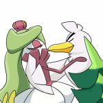  avian duo eyes_closed female firion_bifrost flora green_hair hair kissing male male/female nicko_stall nintendo pok&eacute;mon pok&eacute;mon_(species) shield simple_background sirfetch&#039;d tsareena video_games white_background 