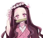  1girl anko_(iume11) bamboo bit_gag black_hair blush forehead gag hair_ribbon haori head_tilt head_wreath japanese_clothes kamado_nezuko kimetsu_no_yaiba kimono long_hair looking_at_viewer pink_eyes pink_kimono ribbon simple_background smile solo upper_body white_background 