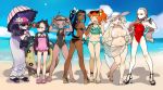  6+girls ass ass_visible_through_thighs barefoot beach bikini blue_sky breasts cleavage covered_navel dark_skin eyewear_on_head flower frilled_bikini_top frilled_swimsuit frills gen_8_pokemon gym_leader hair_flower hair_ornament hat high_heels highres innertube large_breasts looking_at_viewer mary_(pokemon) melon_(pokemon) morpeko multiple_girls navel ocean old_woman olive_(pokemon) one-piece_swimsuit pale_skin picube525528 platform_footwear platform_heels plump pokemon pokemon_(game) pokemon_swsh poplar_(pokemon) rurina_(pokemon) saitou_(pokemon) sandals sarong side_ponytail sky small_breasts snorkel sonia_(pokemon) stomach sun_hat sunglasses swimsuit themed_object thigh_gap umbrella 