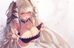  1girl ass azur_lane bare_shoulders belly between_breasts black_nails blush breasts cleavage commentary_request dress formidable_(azur_lane) frilled_dress frills hair_ribbon large_breasts long_hair looking_at_viewer midriff mitsu_(mitsu_art) nude open_mouth platinum_blonde_hair red_eyes ribbon solo top_pull twintails two-tone_dress two-tone_ribbon upper_body very_long_hair 