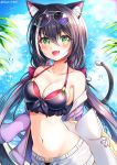  1girl :d absurdres animal_ear_fluff animal_ears bangs bikini black_bikini black_hair blush breasts cat_ears cat_girl cat_tail day eyewear_on_head fang frilled_bikini_top green_eyes grey-framed_eyewear hair_between_eyes highres huge_filesize innertube innertube_with_ears kyaru_(princess_connect) long_hair looking_at_viewer low_twintails machin4719 medium_breasts multicolored_hair navel open_clothes open_mouth open_shorts outdoors princess_connect! princess_connect!_re:dive shorts smile stomach streaked_hair sunglasses swimsuit tail twintails twitter_username v-shaped_eyebrows very_long_hair water_drop white_shorts 