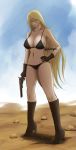  bikini black_bikini blonde_hair blue_eyes blue_sky boots breasts brown_gloves chiba_shuusaku cleavage cloud commentary_request desert gloves gun hair_between_eyes high_heel_boots high_heels holding holding_gun holding_weapon large_breasts long_hair navel original sky swimsuit weapon 