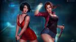  ada_wong black_hair breasts brown_hair choker claire_redfield cleavage denim dress flashlight gun handgun highres jacket knife looking_at_viewer medium_hair multiple_girls olga_narhova ponytail red_dress resident_evil resident_evil_2 short_hair shorts weapon 