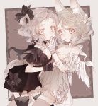  2girls \||/ angel_wings animal_ears black_bow black_dress black_legwear black_ribbon bow choker dress feathered_wings frilled_sleeves frills grey_dress grey_eyes grey_hair grey_legwear hair_bow hair_ribbon hand_on_another&#039;s_mouth looking_at_viewer multiple_girls muted_color nobuyo_ninomiya open_mouth original ribbon ribbon_choker see-through short_hair siblings sisters tail thighhighs twins white_bow white_ribbon white_wings wings wrist_cuffs 