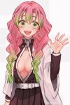  1girl belt black_skirt blush braid breasts cleavage coat cowboy_shot easy-0426 gradient_hair green_eyes green_hair grey_background hair_between_eyes haori highres japanese_clothes kanroji_mitsuri kimetsu_no_yaiba long_hair long_sleeves looking_at_viewer medium_breasts mole mole_under_eye multicolored_hair open_mouth partially_unbuttoned pink_hair pleated_skirt simple_background skirt smile solo twitter_username two-tone_background two-tone_hair uniform waving white_background wide_sleeves 