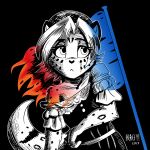  2019 black_background black_nose clothing cosette cosplay dress felid female flag france hair hat headgear headwear heresy_(artist) les_mis&eacute;rables maeve_(twokinds) mammal monochrome pantherine simple_background snow_leopard spot_color spots twokinds webcomic white_hair young 