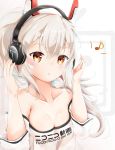  1girl ayanami_(azur_lane) ayanami_(niconico)_(azur_lane) azur_lane bandaid bandaid_on_face bare_shoulders blonde_hair blush breasts cleavage commentary_request hair_between_eyes hands_up headgear headphones listening_to_music long_hair looking_at_viewer musical_note niconico off-shoulder_shirt off_shoulder open_mouth ponytail red_eyes regumaki shirt solo upper_body 