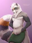  2017 5_fingers anthro belly big_belly butt chest_tuft claws diaszoom digital_media_(artwork) eyewear fingers fur glasses green_eyes grey_body grey_fur hi_res jac0 male mammal multicolored_body multicolored_fur nude orange_body orange_fur overweight overweight_male procyonid raccoon ringtail simple_background smile solo standing thick_thighs towel tuft white_body white_fur 