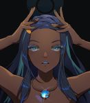  1girl aqua_eyes aqua_hair bare_arms bare_shoulders black_background black_hair blue_hair braid dark_skin gem glint hair_ornament hairclip hands_on_own_head hands_up highlights jewelry kyoungi_nyang long_hair looking_at_viewer makeup mascara multicolored_hair necklace parted_lips pokemon pokemon_(game) pokemon_swsh portrait rurina_(pokemon) simple_background solo streaked_hair two-tone_hair 