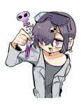  1boy collarbone earrings fang hair_ornament hair_over_one_eye jewelry labcoat looking_to_the_side nail_polish neko_860 original otoko_no_ko purple_eyes purple_hair safety_glasses shirt short_hair simple_background skull_hair_ornament solo stitches vial 