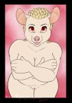  2020 albino anthro ayeph breasts crossed_arms digital_media_(artwork) eulipotyphlan female fur hand_on_breast hedgehog hi_res looking_at_viewer mammal nude oli_snowpaw pink_background pink_nose pussy red_eyes simple_background smile solo standing white_body white_fur 