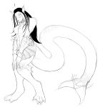  anthro blouse bottomwear clothing digitigrade female long_tail membrane_(anatomy) resembles_but_is_legally_distinct_from_a_vaporeon skirt solo soty standing thick_tail transformation webbed_feet 