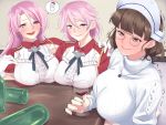  3girls armpit_cutout blush bottle breasts brown_hair cup drinking drinking_glass drunk earrings giuseppe_garibaldi_(kantai_collection) glasses gloves headdress jacket jewelry kantai_collection large_breasts long_hair looking_at_viewer luigi_di_savoia_duca_degli_abruzzi_(kantai_collection) multiple_girls open_mouth pink_hair purple_eyes red_jacket ribbed_sweater roma_(kantai_collection) shingyo short_hair smile snowman stud_earrings sweater table trembling white_gloves white_sweater wine_bottle wine_glass 
