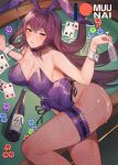  1girl arm_support ass bare_shoulders blush bottle breasts bunny_girl covered_nipples cum cum_on_ass cup drinking_glass fate/grand_order fate_(series) fishnets flower from_above large_breasts long_hair looking_up muunai navel parted_lips poker_table red_eyes rose scathach_(fate)_(all) scathach_(fate/grand_order) solo thigh_strap wine_bottle wine_glass 
