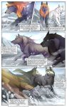  2017 black_body black_fur black_nose canid canine canis comic day detailed_background digital_media_(artwork) english_text engrish feral fur group hair juliagoldfox mammal orange_hair outside sky standing text white_body white_fur wolf 