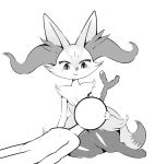  2019 ambiguous_gender anon anthro blush box_(hajimeyou654) braixen canid canine cheek_tuft chest_tuft digital_media_(artwork) facial_tuft female fluffy fluffy_tail fur greyscale head_on_lap inner_ear_fluff looking_at_another mammal monochrome nintendo on_lap pok&eacute;mon pok&eacute;mon_(species) simple_background sitting smile stick tail_tuft tuft video_games white_background 