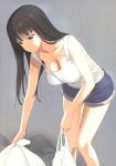  1girl a1 absurdres bare_shoulders black_hair blush breasts brown_eyes closed_mouth collarbone denim denim_shorts feet_out_of_frame girls_und_panzer grey_background highres large_breasts long_hair nishizumi_shiho no_bra shiny shiny_hair shirt shorts simple_background solo standing trash_bag white_shirt 