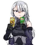  1girl ak-15_(girls_frontline) chocolate commentary_request drink dutchko girls_frontline gloves korean_commentary milo_(drink) nesquik purple_eyes silver_hair solo tactical_clothes 