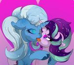  blush bodily_fluids duo equid eyes_closed female female/female feral french_kissing friendship_is_magic hair half-closed_eyes horn inner_ear_fluff kissing lunar_cipher mammal multicolored_hair my_little_pony narrowed_eyes purple_eyes saliva starlight_glimmer_(mlp) trixie_(mlp) tuft unicorn 