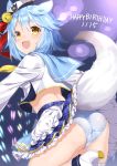  1girl :3 animal_ears ass azur_lane bell blue_hair blue_panties blue_skirt crop_top crop_top_overhang fox_ears fox_tail frilled_skirt frills fubuki_(azur_lane) fubuki_(snow_storm!)_(azur_lane) hair_bell hair_ornament happy_birthday hat idol idol_clothes jingle_bell layered_skirt looking_at_viewer looking_back midriff mini_hat open_mouth panties sailor_hat short_hair skirt smile solo tail torimaru underwear yellow_eyes 