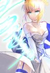  1girl aqua_eyes artoria_pendragon_(all) blonde_hair breasts choker cleavage closed_mouth collarbone detached_sleeves dress fate/stay_night fate_(series) floating_hair garter_straps grey_dress grey_sleeves holding holding_sword holding_weapon invisible_chair long_sleeves looking_at_viewer saber short_hair short_ponytail sidelocks sitting sketch sleeveless sleeveless_dress small_breasts solo standing strapless strapless_dress sword thighhighs toratora789 weapon wedding_dress 