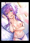  1girl :d ahoge ajishio ass_visible_through_thighs bangs bed_sheet black_border blush border breasts collarbone commentary_request curtains dutch_angle eyebrows_visible_through_hair highres indoors looking_at_viewer lying medium_breasts navel on_bed on_side open_mouth panties pillow purple_eyes purple_hair purple_panties short_hair_with_long_locks side-tie_panties sidelocks smile solo stomach thigh_gap topless underwear upper_teeth voiceroid yuzuki_yukari 