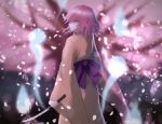  blurry blurry_background bokeh bug butterfly commentary_request crying crying_with_eyes_open depth_of_field empty_eyes highres hitodama holding holding_sword holding_weapon insect japanese_clothes kimono looking_to_the_side night obi outdoors parted_lips petals pink_eyes pink_hair pink_kimono saigyou_ayakashi saigyouji_yuyuko saigyouji_yuyuko_(living) sash shiranui_(wasuresateraito) short_hair sideways_mouth streaming_tears sword tears touhou wakizashi weapon 