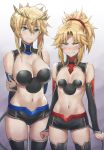  2girls ahoge arm_behind_back artoria_pendragon_(all) artoria_pendragon_(lancer) bangs bare_shoulders black_legwear black_shorts blonde_hair blush braid breasts bridal_gauntlets cleavage closed_mouth collarbone crown detached_sleeves eyebrows_visible_through_hair fang fate/apocrypha fate/grand_order fate_(series) french_braid frown gradient gradient_background green_eyes hair_between_eyes hair_ornament hair_scrunchie highres large_breasts long_hair looking_at_viewer mordred_(fate) mordred_(fate)_(all) multiple_girls navel parted_bangs ponytail red_scrunchie scrunchie short_shorts shorts sidelocks small_breasts smile tearing_up thighs tonee v-shaped_eyebrows 