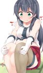  1girl absurdres agano_(kantai_collection) anchor_symbol artist_name asymmetrical_legwear black_hair black_neckwear black_sailor_collar blush collarbone commentary_request exercise flab gloves green_eyes highres kantai_collection leg_hug long_hair midriff necktie pleated_skirt plump red_skirt ryuki_(ryukisukune) sailor_collar school_uniform serafuku shirt simple_background single_thighhigh sit-up sitting skirt sleeveless sleeveless_shirt solo tatami thighhighs white_background white_gloves 